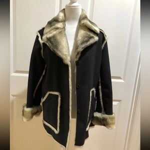 Dennis Basso Black Jacket with Cream Faux Fur Trim reversible size 6